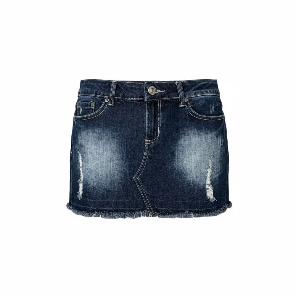 Juniors Red Rivet Jeans Blue Distressed Denim Mini Skirt With Purple Detail Sz 5